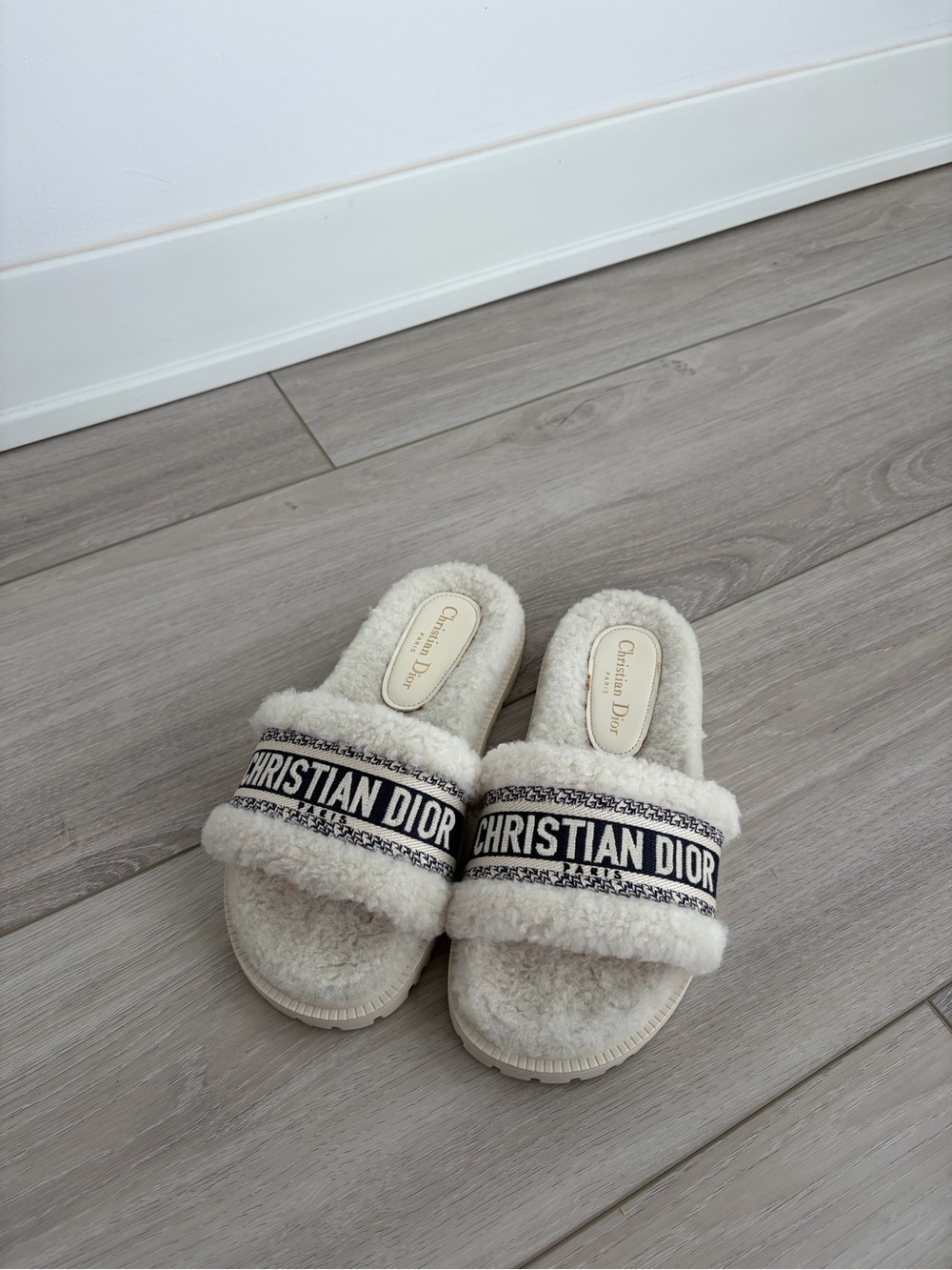 Dior Cream Shearling Logo Slide Slippers